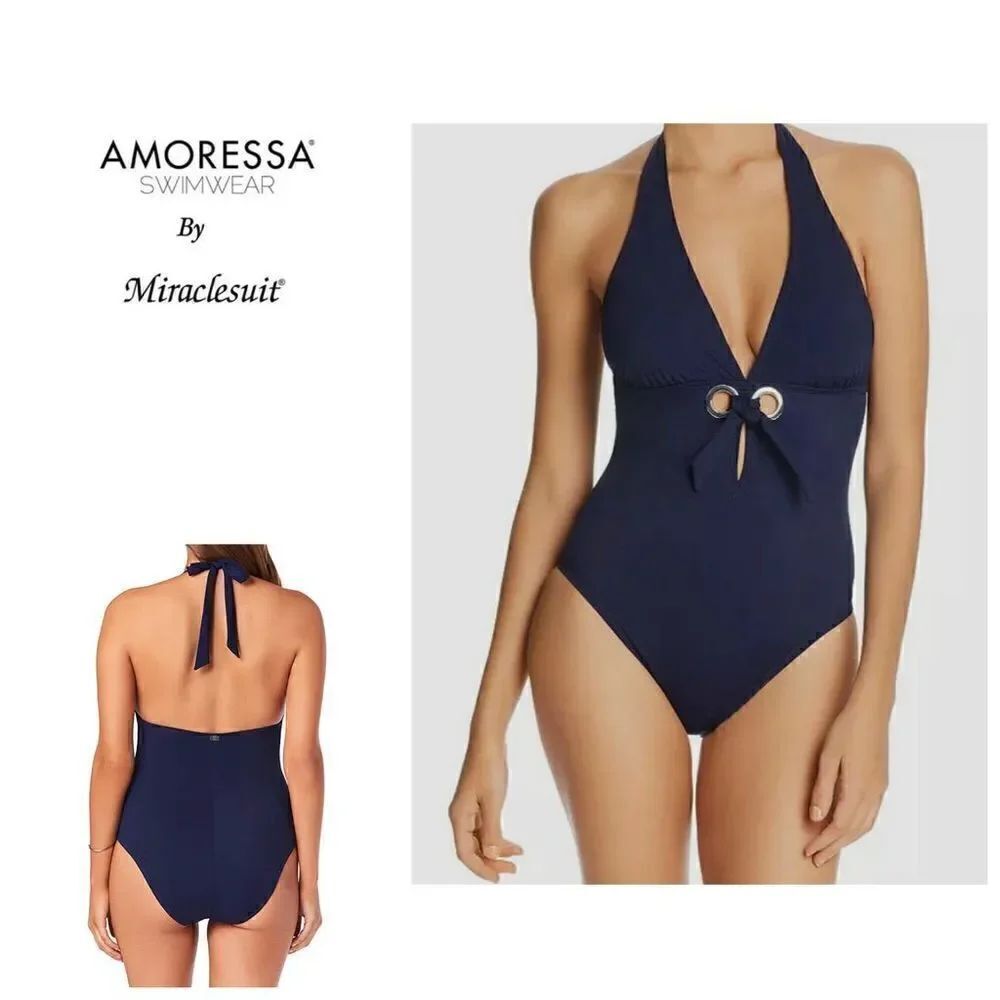New. Amoressa navy front tie swimsuit. Normally $188 size 10
